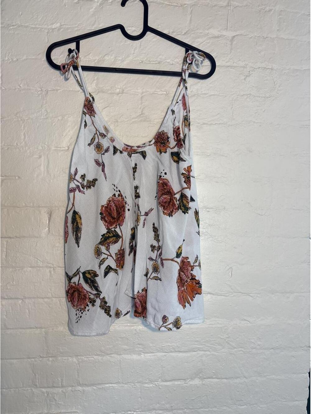 O'Neill white floral viscose tank top with pink, orange, and green flowers